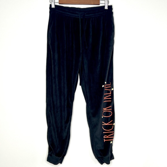 Rae Dunn Black Velour Jogger PJ Bottoms Trick or Treat Spell Out Women Size M - Picture 1 of 8
